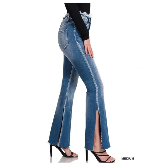 $15 start 91 ๐ FRAYED EDGED WAIST FLARE DENIM JEANS WITH SIDE
SLITS - Picture 2 of 6